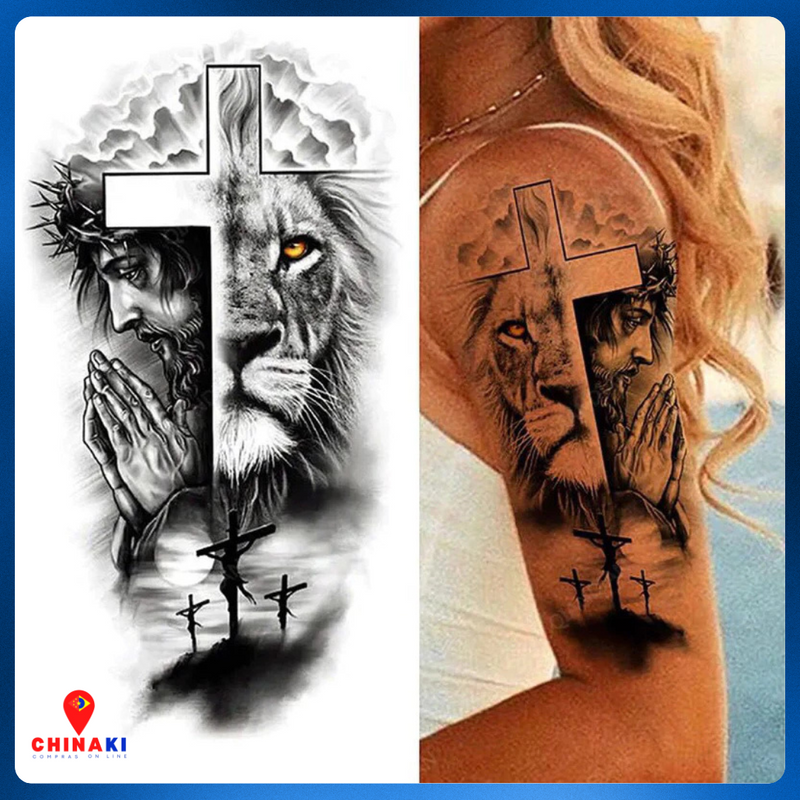 ✨ TATUAGEM TEMPORÁRIA BRAÇO INTEIRO - LEÃO JESUS ☑️